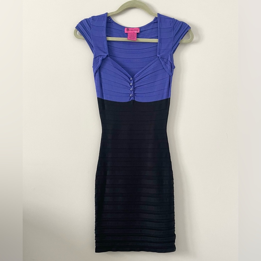 Y2K Bodycon Stretch Mini Dress - Bandage - Short Sleeve - Black & Blue/Purple